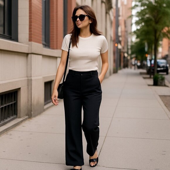 NWT LOFT Curvy High Waist Wide Leg Trousers 32” Waist Black - Picture 1 of 12